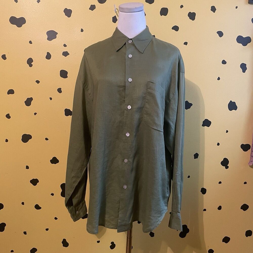 Vintage Olive Linen Button Up Shirt Top Blouse Relaxed Fit Long Sleeve Womens M